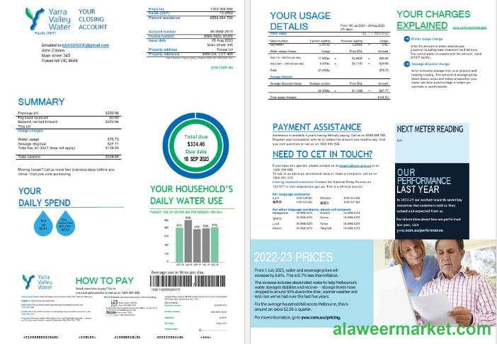 Melbourne Yarra Valley Water water utility bill Word and PDF formats, 2 pages